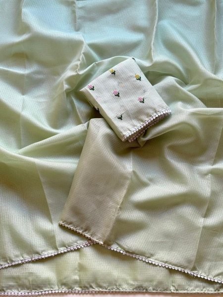 Vintage Pista Kota Chex Saree with Elegant Pom Pom Border and Embroidered Blouse 