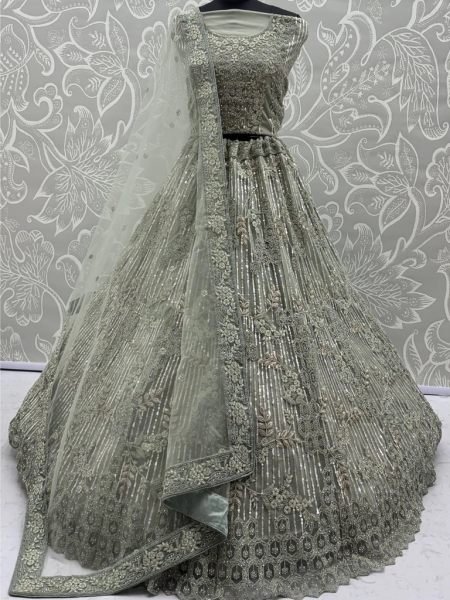 Vintage Pista Net Lehenga Choli with Heavy Embroidery for Reception Wear Bridal Lehenga Choli