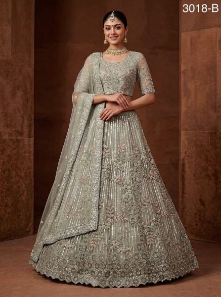 Vintage Pista Net Lehenga Choli with Heavy Embroidery for Reception Wear Bridal Lehenga Choli