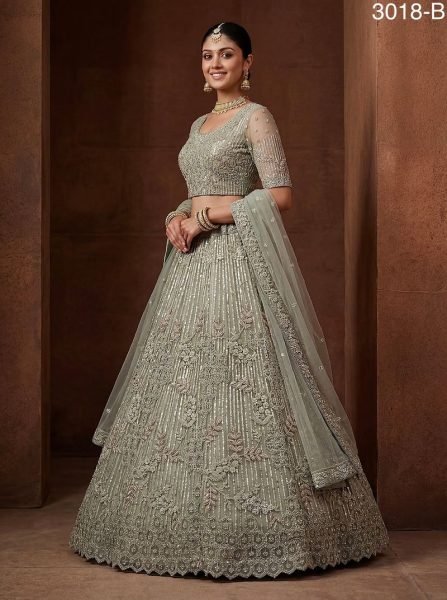 Vintage Pista Net Lehenga Choli with Heavy Embroidery for Reception Wear Bridal Lehenga Choli