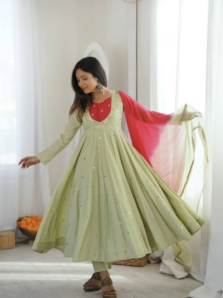 Vintage Pista Roman Silk Anarkali Set with Mirror Work At Original Manufacturer Rate Ready To Wear Suit