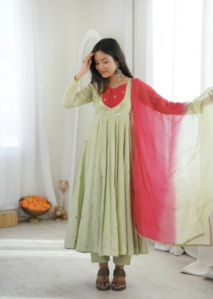 Vintage Pista Roman Silk Anarkali Set with Mirror Work At Original Manufacturer Rate Ready To Wear Collection