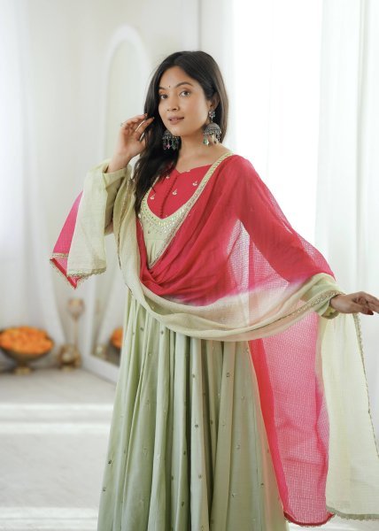 Vintage Pista Roman Silk Anarkali Set with Mirror Work At Original Manufacturer Rate Ready To Wear Collection