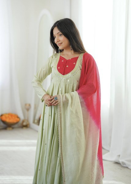 Vintage Pista Roman Silk Anarkali Set with Mirror Work At Original Manufacturer Rate Ready To Wear Collection