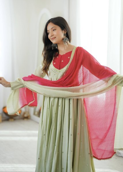 Vintage Pista Roman Silk Anarkali Set with Mirror Work At Original Manufacturer Rate Ready To Wear Collection