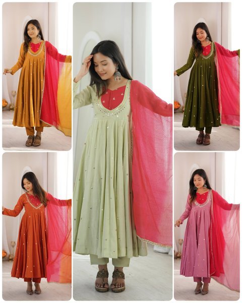 Vintage Pista Roman Silk Anarkali Set with Mirror Work At Original Manufacturer Rate Ready To Wear Collection