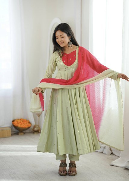 Vintage Pista Roman Silk Anarkali Set with Mirror Work At Original Manufacturer Rate Ready To Wear Collection