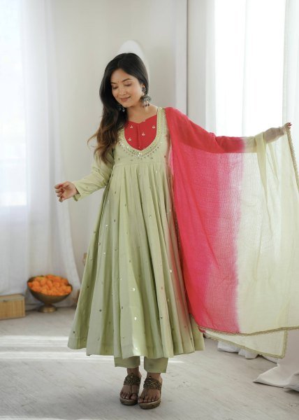 Vintage Pista Roman Silk Anarkali Set with Mirror Work At Original Manufacturer Rate Ready To Wear Collection