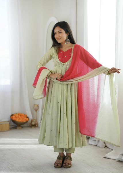Vintage Pista Roman Silk Anarkali Set with Mirror Work At Original Manufacturer Rate Ready To Wear Collection