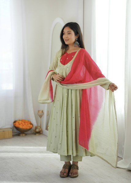 Vintage Pista Roman Silk Anarkali Set with Mirror Work At Original Manufacturer Rate Ready To Wear Collection