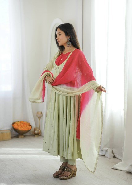 Vintage Pista Roman Silk Anarkali Set with Mirror Work At Original Manufacturer Rate Ready To Wear Collection