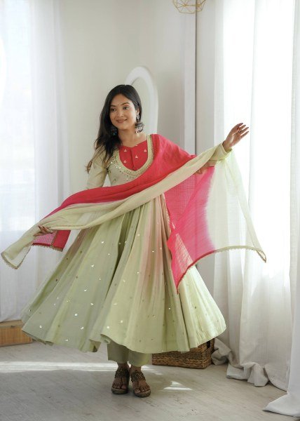 Vintage Pista Roman Silk Anarkali Set with Mirror Work At Original Manufacturer Rate Ready To Wear Collection