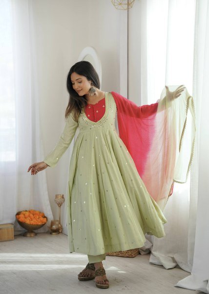 Vintage Pista Roman Silk Anarkali Set with Mirror Work At Original Manufacturer Rate Ready To Wear Collection