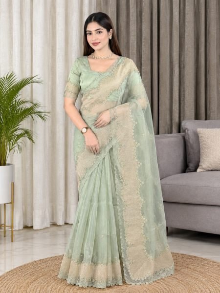 Vintage Pista Turkish Style Violin Silk Saree with Full Embroidery Work at Manufacturer Rate 