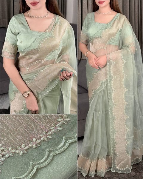 Vintage Pista Turkish Style Violin Silk Saree with Full Embroidery Work at Manufacturer Rate Silk Sarees Wholesale