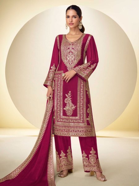 Vintage Rani Pink Real Chinon Palazzo Suit with Embroidered Top and Dupatta 