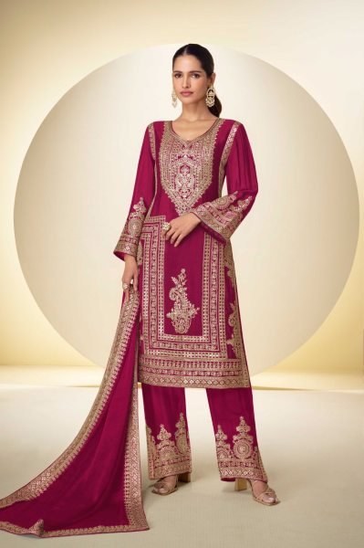 Vintage Rani Pink Real Chinon Palazzo Suit with Embroidered Top and Dupatta Designer Plazzo Salwar Suits Wholesale