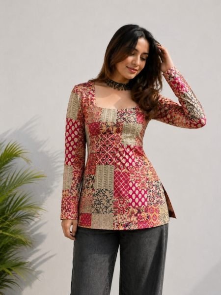 Vintage Red Printed Cotton Top for Women with Digital Print 