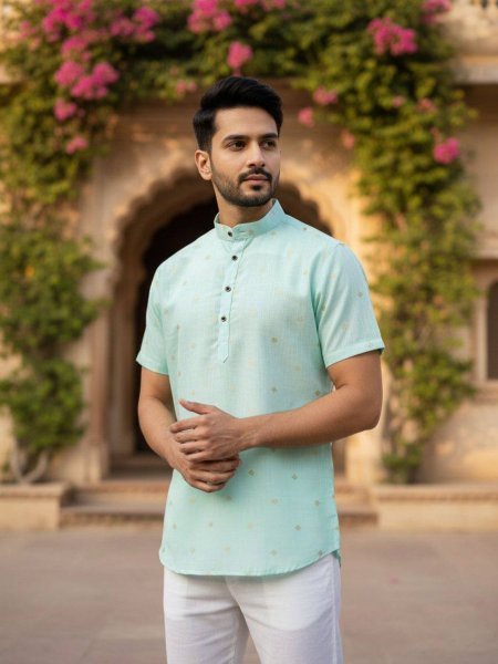 Vintage Sky Blue Linen Cotton Kurta with Jacquard Butta Design For Office Wear 
