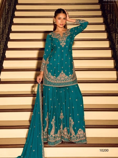 Vintage Teal Blue Chinon Palazzo Suit with Heavy Beads Embroidery for Party Wear  Designer Plazzo Salwar Suits Wholesale