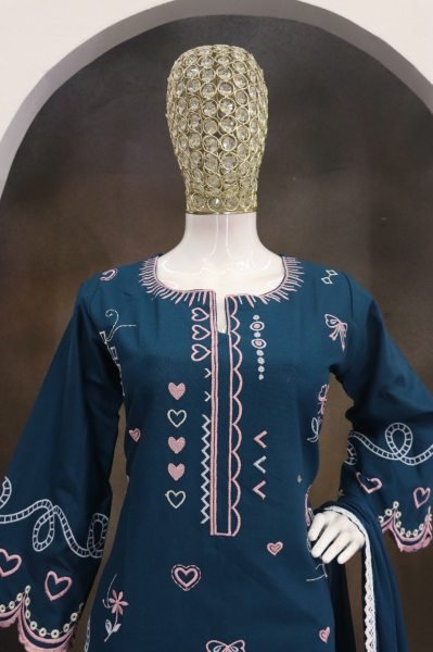 Vintage Teal Blue Cotton Flex Embroidered Suit Set with Najnin Dupatta CO ORD Sets