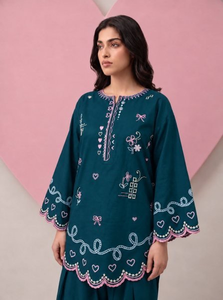 Vintage Teal Blue Cotton Flex Embroidered Suit Set with Najnin Dupatta CO ORD Sets