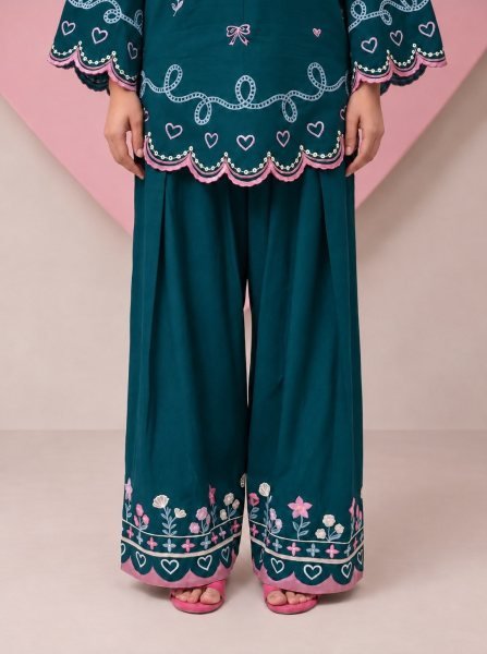 Vintage Teal Blue Cotton Flex Embroidered Suit Set with Najnin Dupatta CO ORD Sets