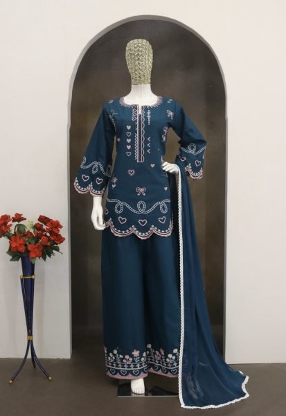 Vintage Teal Blue Cotton Flex Embroidered Suit Set with Najnin Dupatta CO ORD Sets
