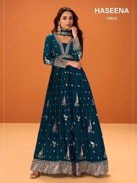 Vintage Teal Blue Designer Premium Chinnon 2 Piece Suit Set with Dupatta 