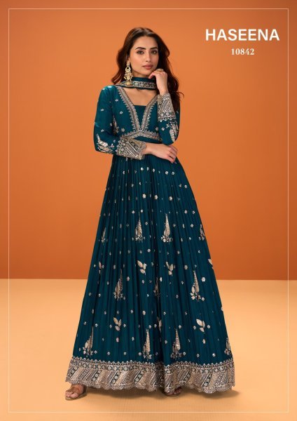 Vintage Teal Blue Designer Premium Chinnon 2 Piece Suit Set with Dupatta Anarakali Gown Wholesale