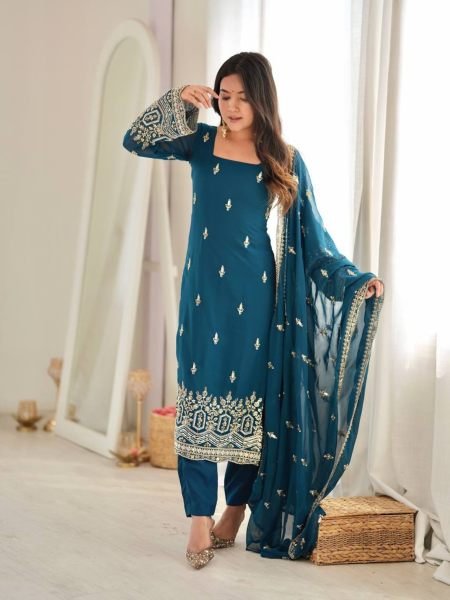 Vintage Teal Blue Heavy Faux Georgette Suit with Micro Pant at Wholesale Rate Ready To Wear Suit