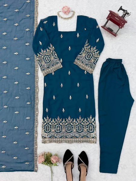 Vintage Teal Blue Heavy Faux Georgette Suit with Micro Pant at Wholesale Rate Ready To Wear Collection
