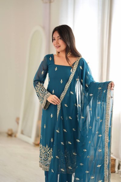 Vintage Teal Blue Heavy Faux Georgette Suit with Micro Pant at Wholesale Rate Ready To Wear Collection