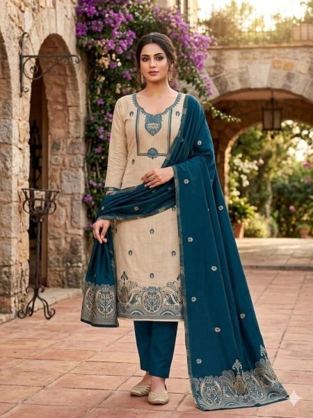 Vintage Teal Blue Jamdaani Weaving Jacquard Suit Set for Women 