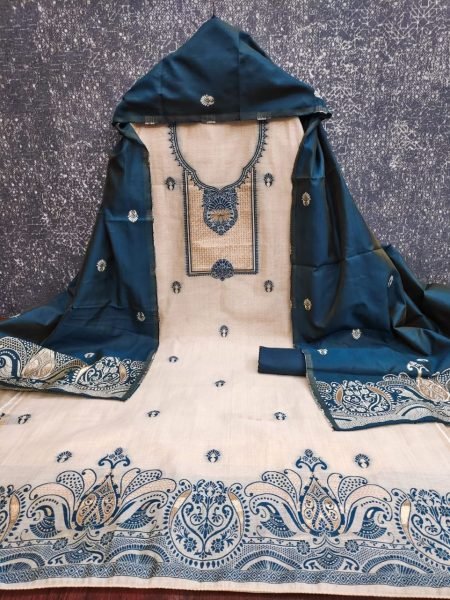 Vintage Teal Blue Jamdaani Weaving Jacquard Suit Set for Women Color Set Matching Dress Material Wholesale