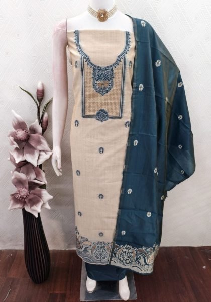 Vintage Teal Blue Jamdaani Weaving Jacquard Suit Set for Women Color Set Matching Dress Material Wholesale