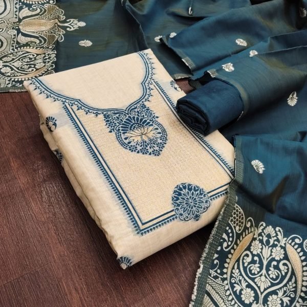 Vintage Teal Blue Jamdaani Weaving Jacquard Suit Set for Women Color Set Matching Dress Material Wholesale