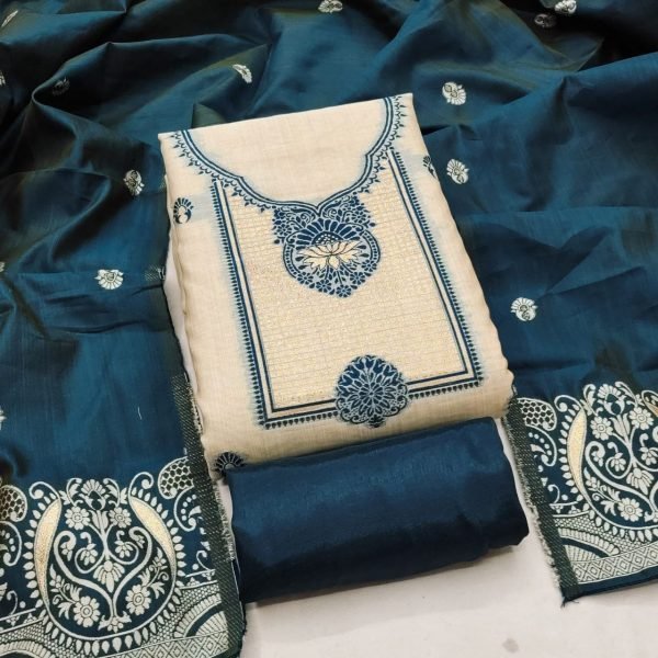 Vintage Teal Blue Jamdaani Weaving Jacquard Suit Set for Women Color Set Matching Dress Material Wholesale