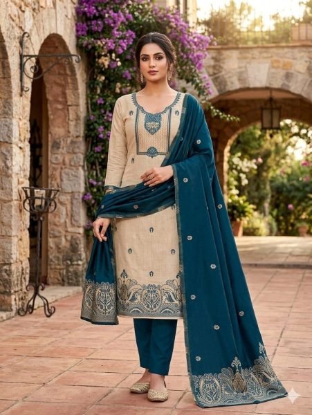 Vintage Teal Blue Jamdaani Weaving Jacquard Suit Set for Women Color Set Matching Dress Material Wholesale