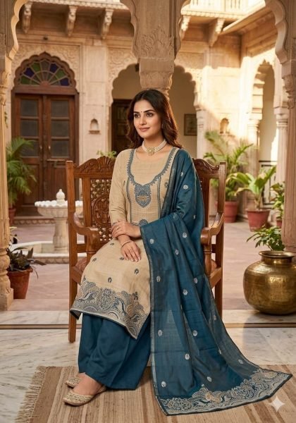 Vintage Teal Blue Jamdaani Weaving Jacquard Suit Set for Women Color Set Matching Dress Material Wholesale