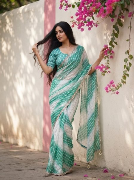 Vintage Turquoise Soft Space Silk Leheriya Print Saree with Bhungali Work for Wedding Silk Sarees Wholesale