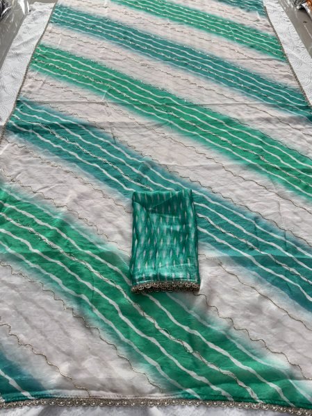 Vintage Turquoise Soft Space Silk Leheriya Print Saree with Bhungali Work for Wedding Silk Sarees Wholesale