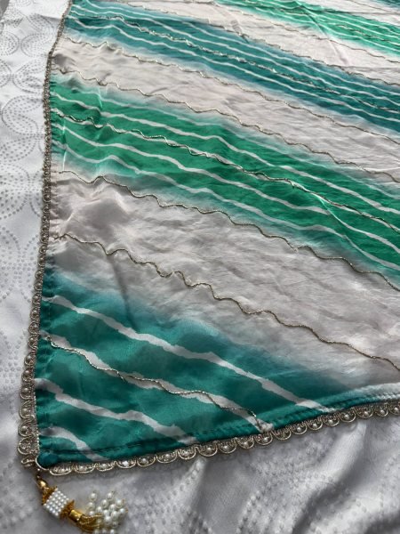 Vintage Turquoise Soft Space Silk Leheriya Print Saree with Bhungali Work for Wedding Silk Sarees Wholesale