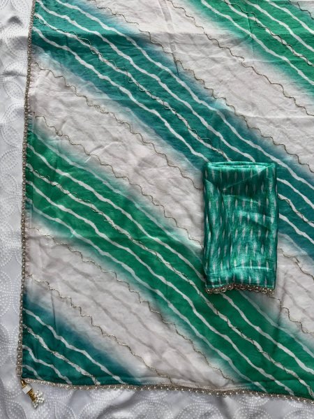 Vintage Turquoise Soft Space Silk Leheriya Print Saree with Bhungali Work for Wedding Silk Sarees Wholesale