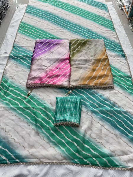 Vintage Turquoise Soft Space Silk Leheriya Print Saree with Bhungali Work for Wedding Silk Sarees Wholesale