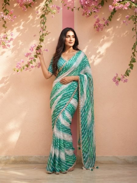 Vintage Turquoise Soft Space Silk Leheriya Print Saree with Bhungali Work for Wedding Silk Sarees Wholesale