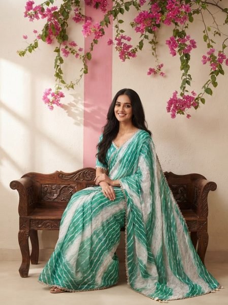 Vintage Turquoise Soft Space Silk Leheriya Print Saree with Bhungali Work for Wedding Silk Sarees Wholesale