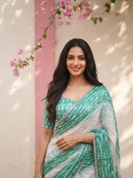 Vintage Turquoise Soft Space Silk Leheriya Print Saree with Bhungali Work for Wedding Silk Sarees Wholesale