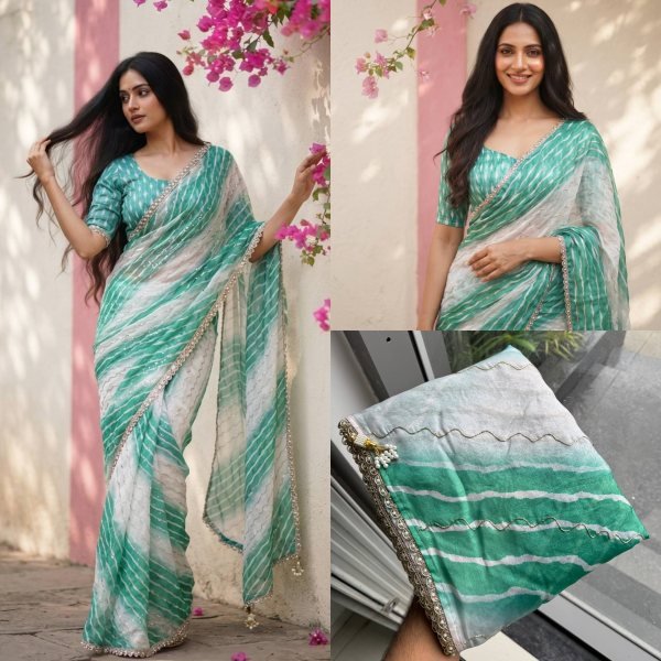 Vintage Turquoise Soft Space Silk Leheriya Print Saree with Bhungali Work for Wedding Silk Sarees Wholesale