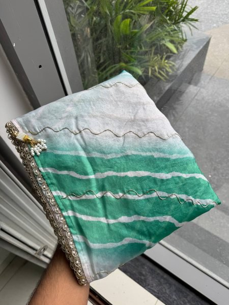 Vintage Turquoise Soft Space Silk Leheriya Print Saree with Bhungali Work for Wedding Silk Sarees Wholesale